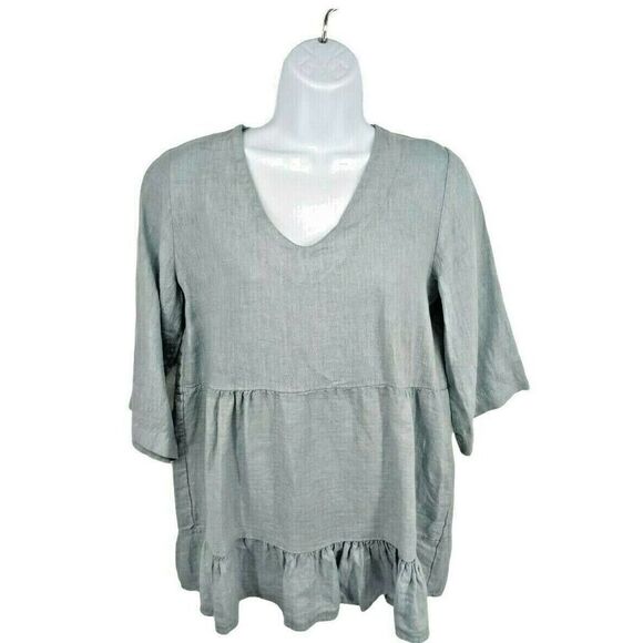 Laura Bianchi Italy Light Blue Linen Top Shirt Ruffle Blouse V-neck New - Picture 11 of 11